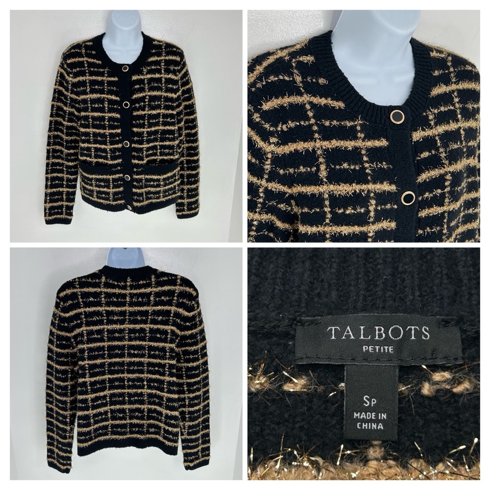 Talbots Bouclé Plaid Cardigan Sweater Petite Small Black Gold Metallic Preppy